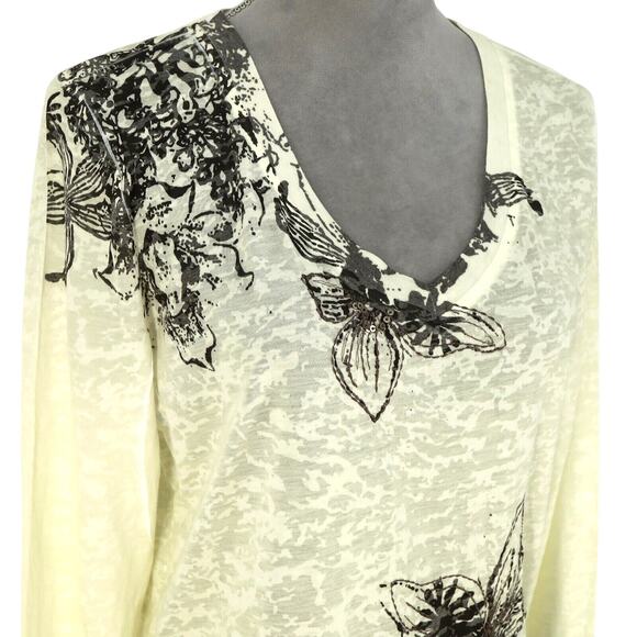 Coldwater Creek Top Womens Large Ivory Black Floral Sequin T-shirt Slub Knit - Picture 6 of 15